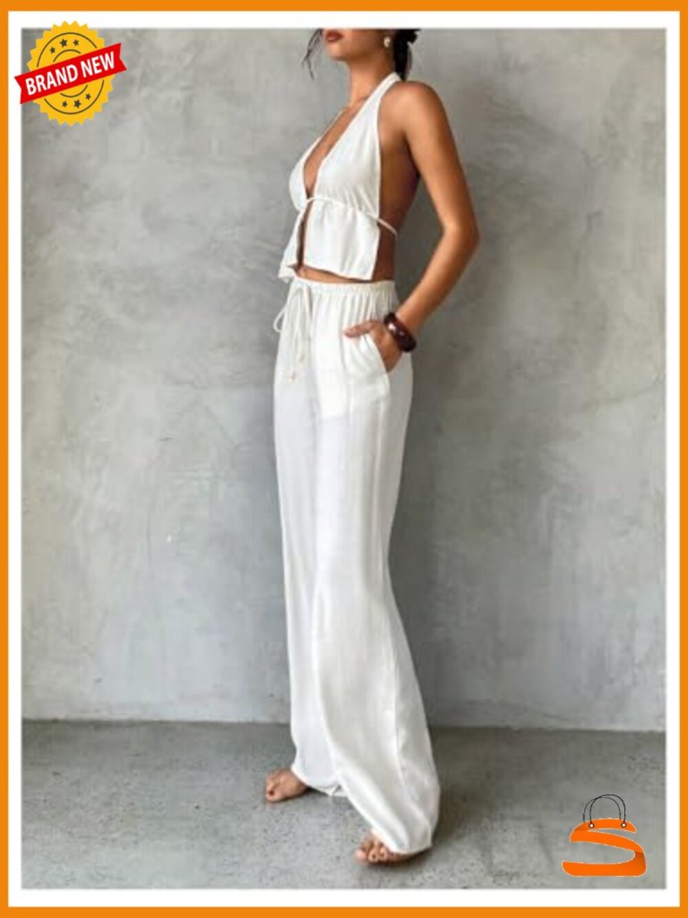 2 Piece Beach Outfit: Peplum Crop Top & Wide Leg Pants Set - Picture 3 of 5